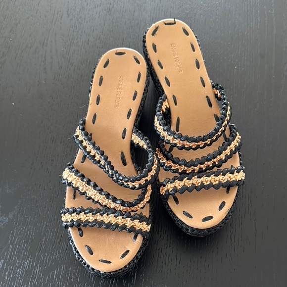 Carrie Forbes Black and Tan Women's Wedge Sandals - Picture 2 of 4